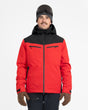 Xtm Quantum Mens Jacket 2026 ski jacket -- Crimson Red colorway front view on model with hood and cuffs