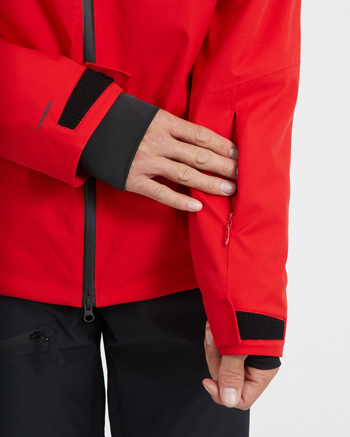 Xtm Quantum Mens Jacket 2026 ski jacket -- Crimson Red colorway front view on model with hood and cuffs