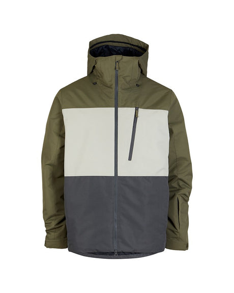 Xtm Traverse Iii Mens Jacket 2026 ski jacket -- Kalamata colorway front view on model with hood and cuffs